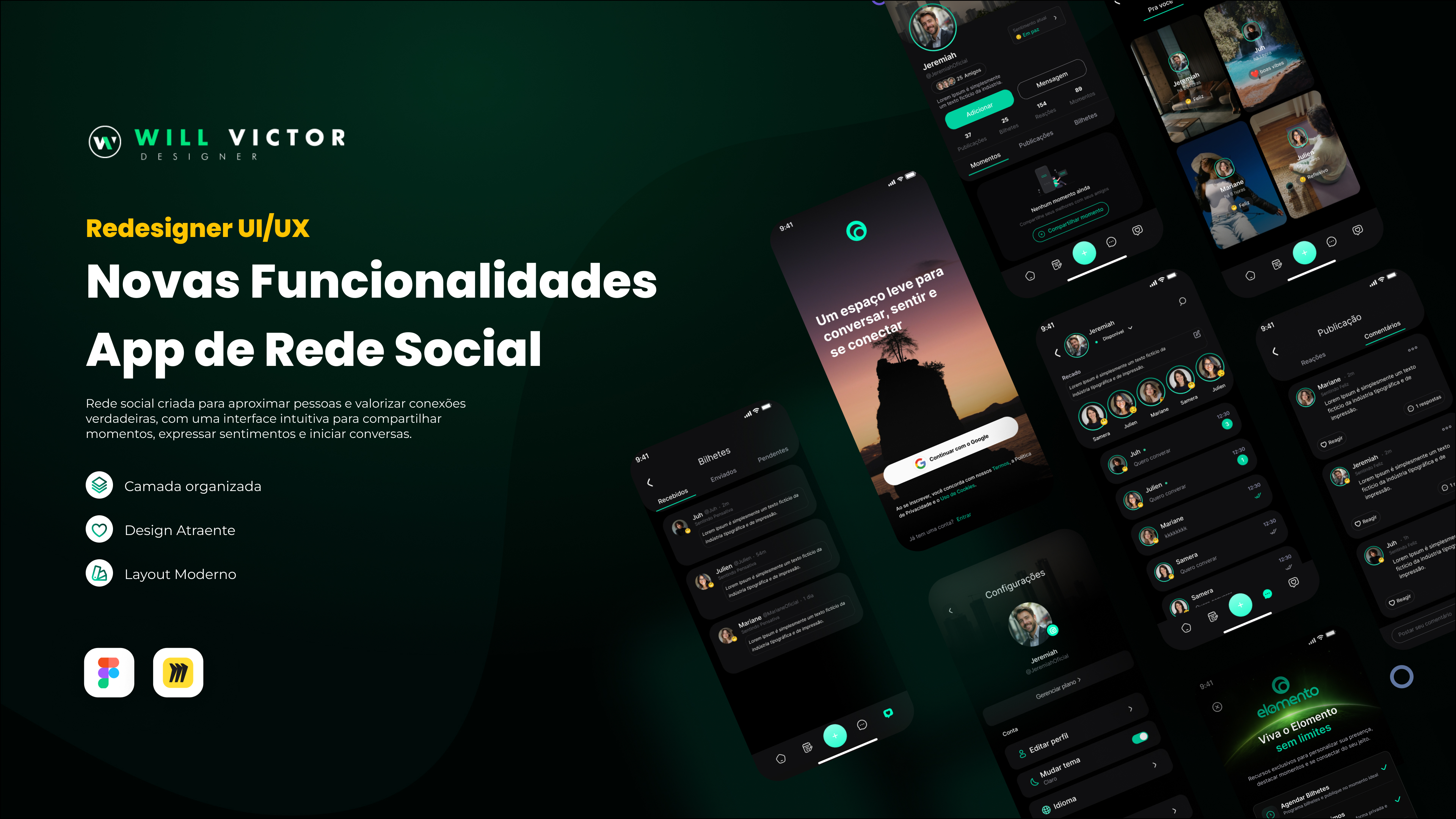 Apresentação das interfaces do aplicativo Elomento, com telas de perfil, mensagens e interações sociais.